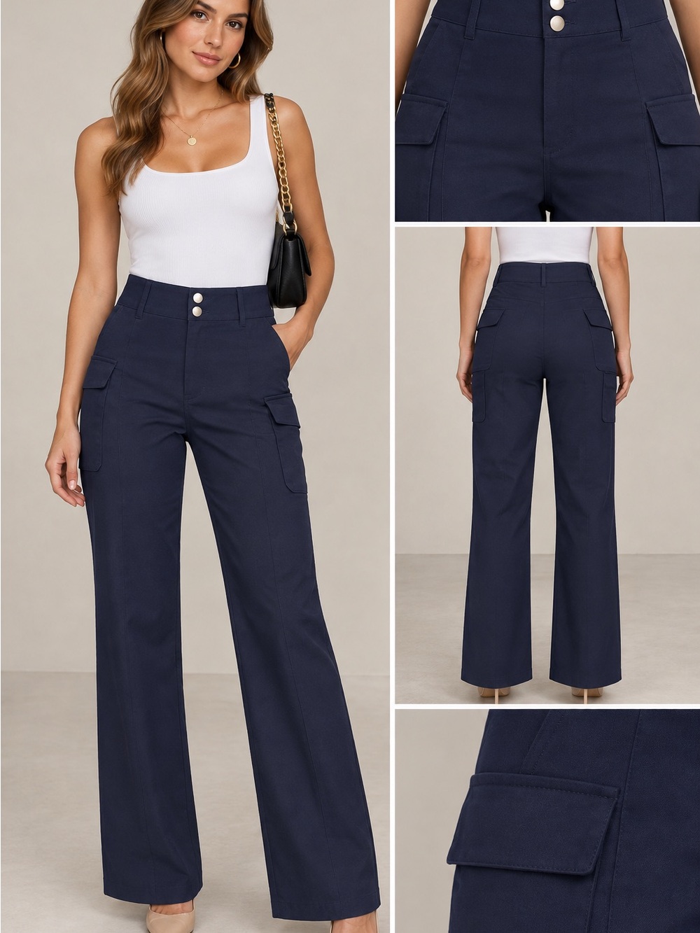 High-Waist Navy Cargo Wide-Leg Pants